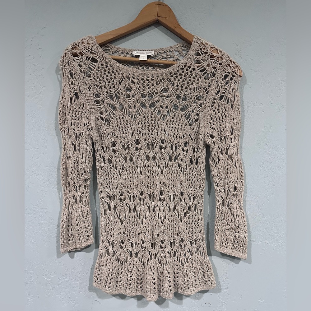 Coldwater Creek Open Crochet Knit Top in Taupe